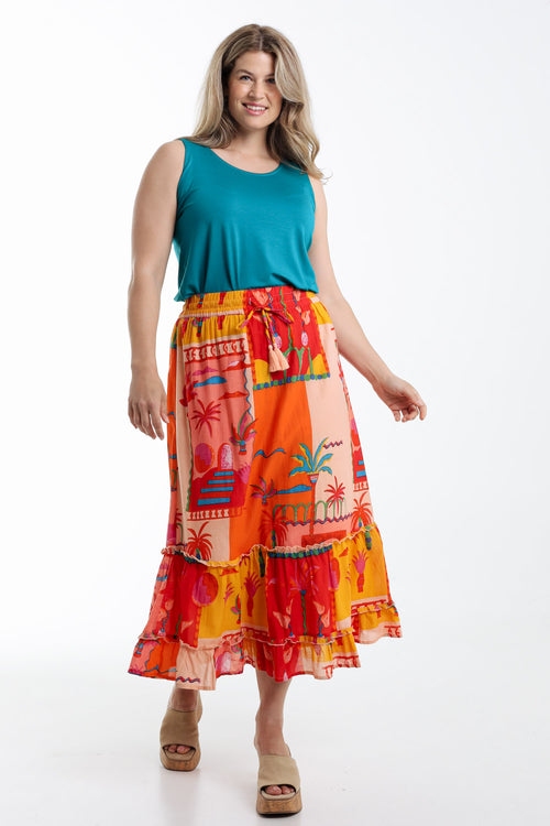 Jupe en coton imprimé patch tropical-Paprika-9