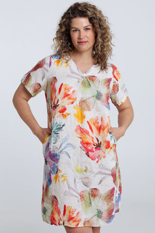 Robe en lin imprimé fleurs-Paprika-1