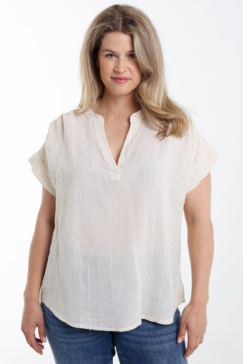 Blouse en coton unie avec rayures en sequins-Paprika-1