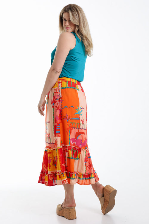 Jupe en coton imprimé patch tropical-Paprika-2