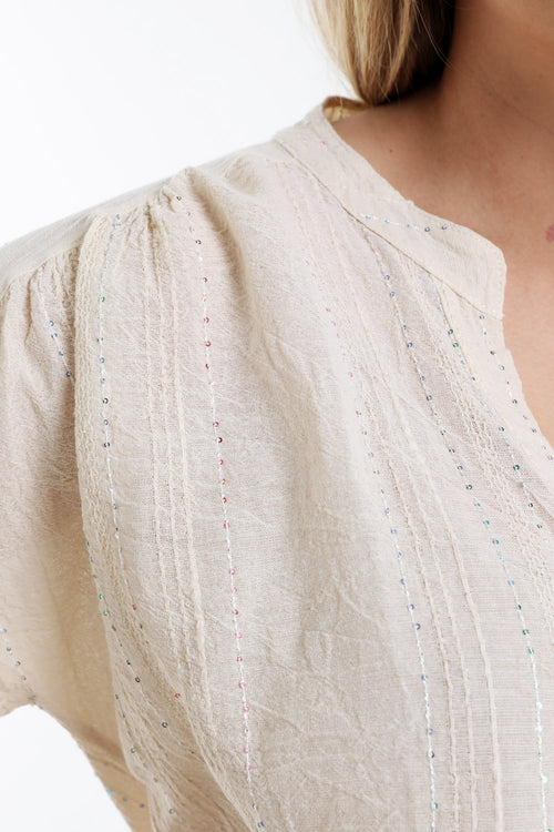 Blouse en coton unie avec rayures en sequins-Paprika-4