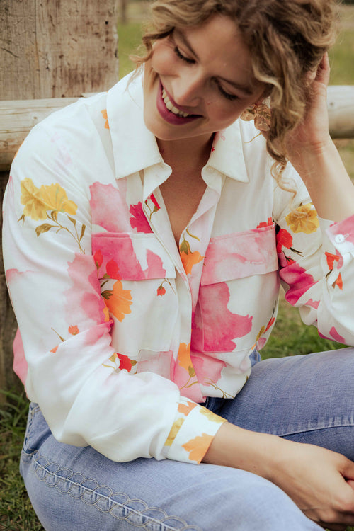 Chemisier en viscose imprimé fleuri-Paprika-1