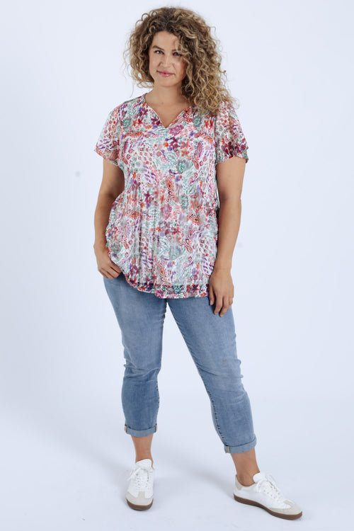 Tunique en dentelle plissée imprimé fleuri-Paprika-7