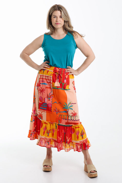 Jupe en coton imprimé patch tropical-Paprika-7