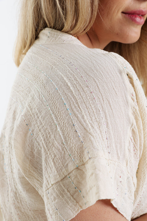 Blouse en coton unie avec rayures en sequins-Paprika-5