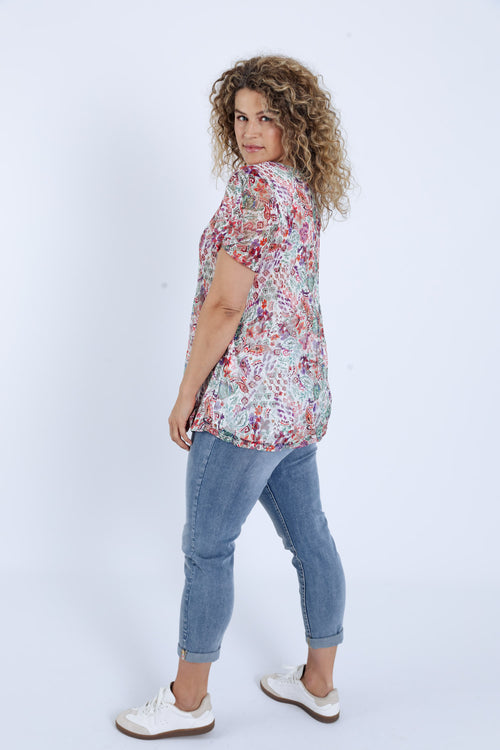 Tunique en dentelle plissée imprimé fleuri-Paprika-2