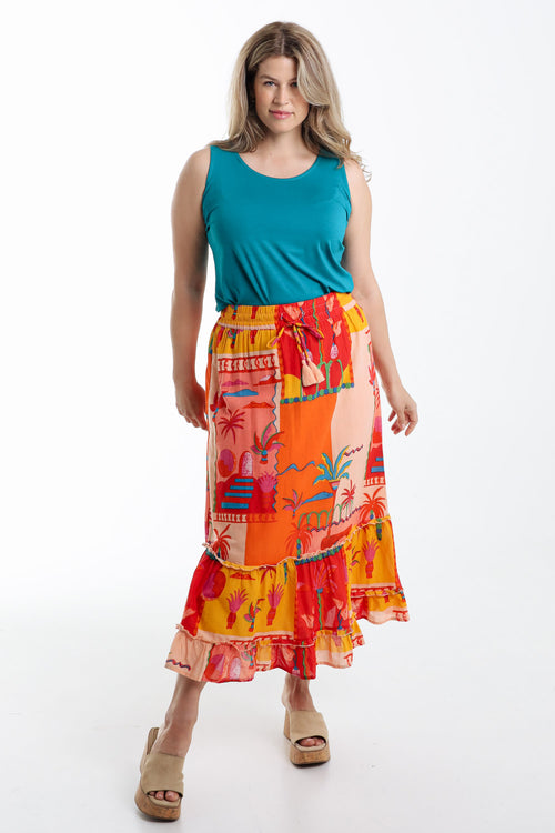 Jupe en coton imprimé patch tropical-Paprika-8