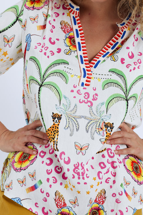 Blouse en viscose imprimé tigres et fleurs-Paprika-4