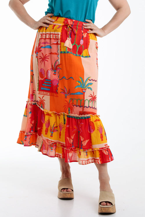 Jupe en coton imprimé patch tropical-Paprika-1