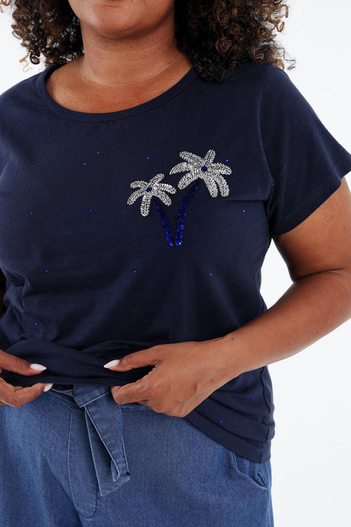 T-shirt en coton avec palmier en sequins-Paprika-4