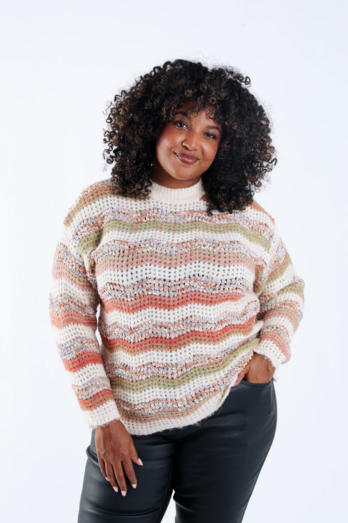 Pull maille pop-corn à rayures-Paprika-1