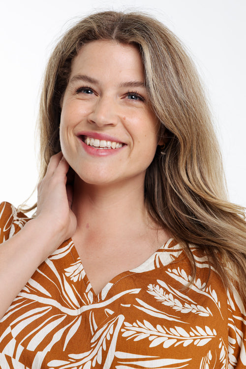 Blouse en viscose imprimé feuille bicolore-Paprika-3