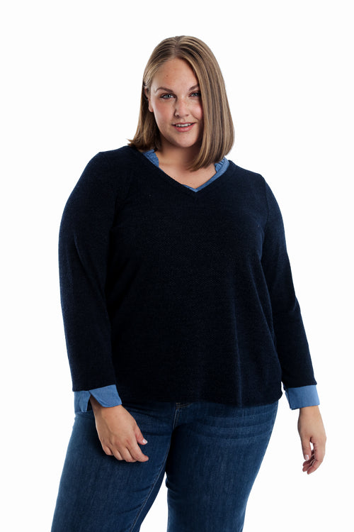 Pull 2 en 1 avec chemise uni-Paprika-1