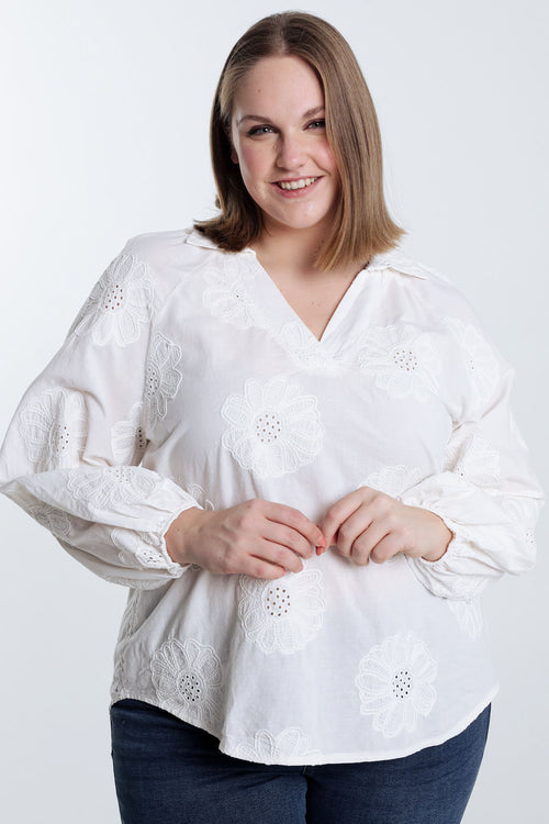 Blouse en coton unie avec fleurs brodées-Paprika-1