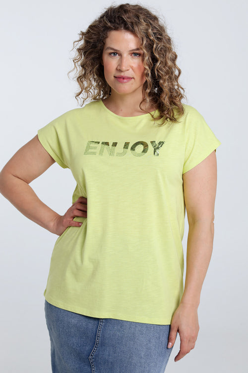 T-shirt uni avec broderie Enjoy et sequins-Paprika-2