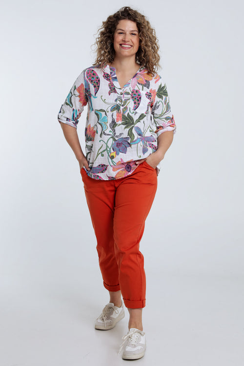 Blouse en gaze de coton imprimé floral-Paprika-9