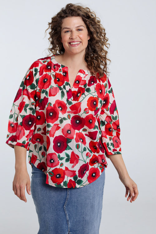 Blouse en coton imprimé coquelicots-Paprika-1