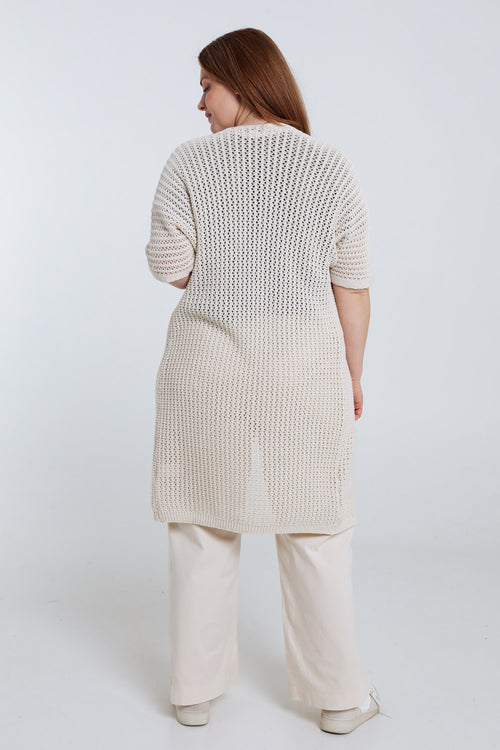 Long gilet en coton ajouré uni-Paprika-2