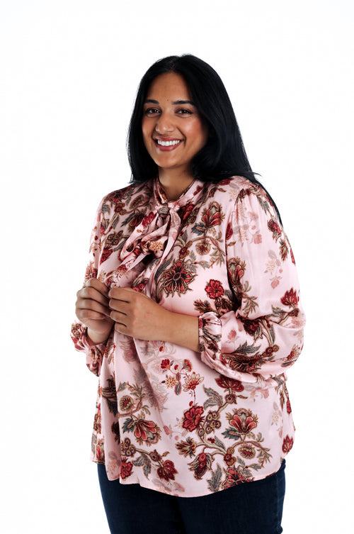 Chemise en viscose avec lavalière imprimé fleurs-Paprika-1