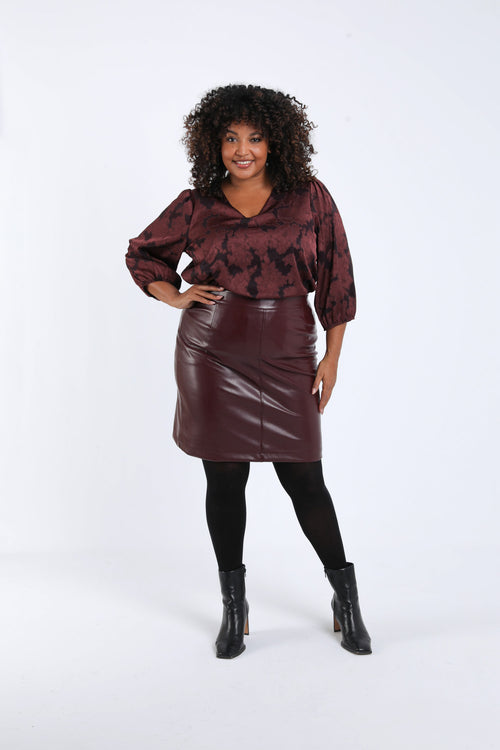 Jupe courte unie en faux cuir-Paprika-7