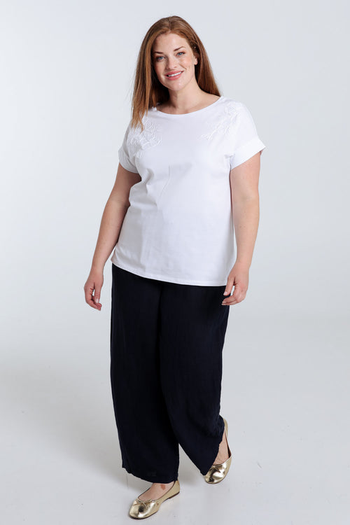 T-shirt en coton uni avec fleurs brodées-Paprika-7