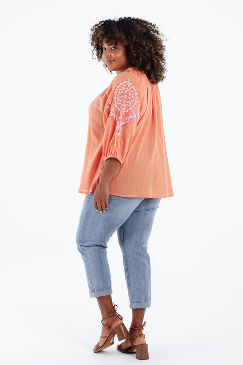 Blouse en conton unie avec broderies-Paprika-2