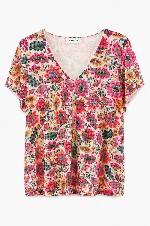 T-shirt en dentelle imprimé fleurs indiennes-Paprika-2