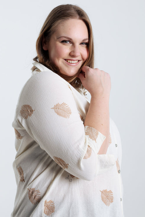 Chemise en coton unie avec feuilles brodées-Paprika-5
