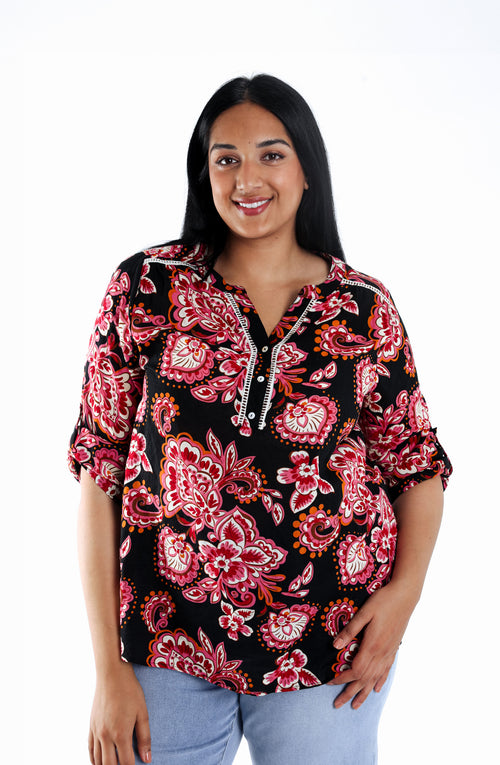 Blouse en coton et viscose imprimé cachemire-Paprika-1