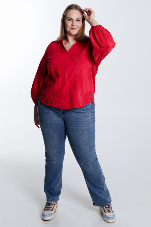 Blouse en coton unie avec fleurs brodées-Paprika-7