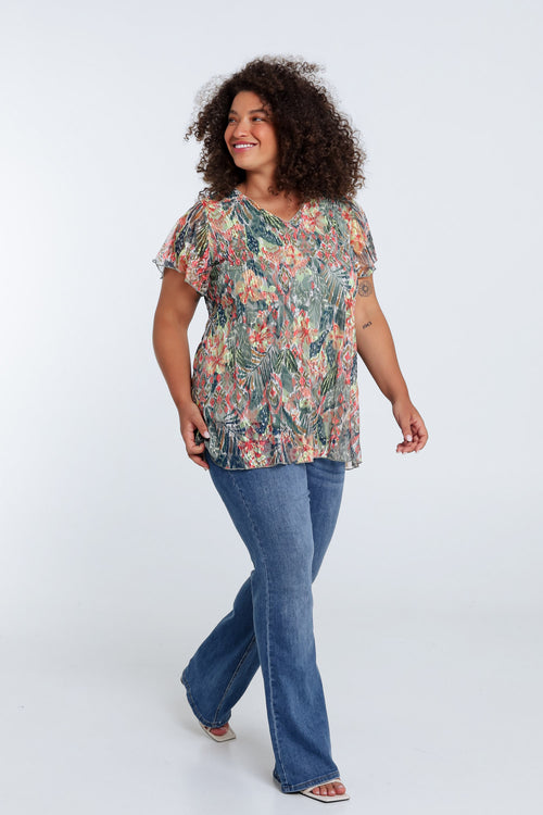 Tunique en dentelle plissée imprimé floral-Paprika-9