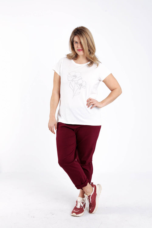 T-shirt uni avec fleurs en sequins-Paprika-7