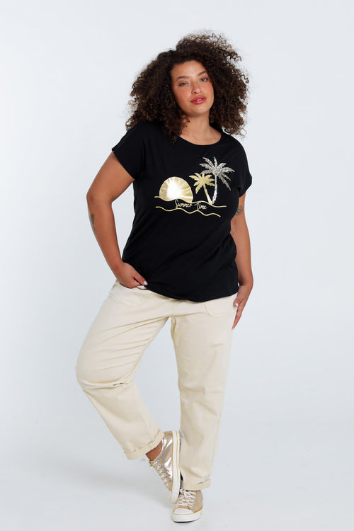 T-shirt en coton imprimé foil palmiers et sequins-Paprika-8
