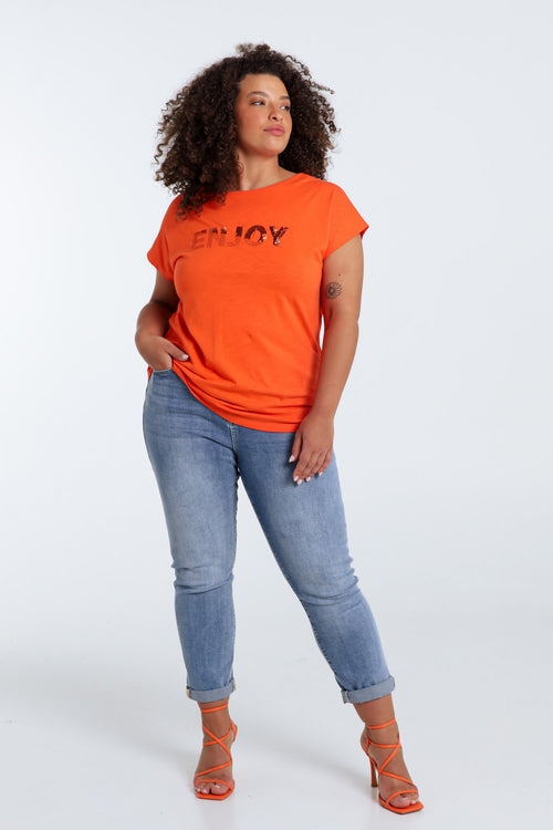 T-shirt uni avec broderie Enjoy et sequins-Paprika-7