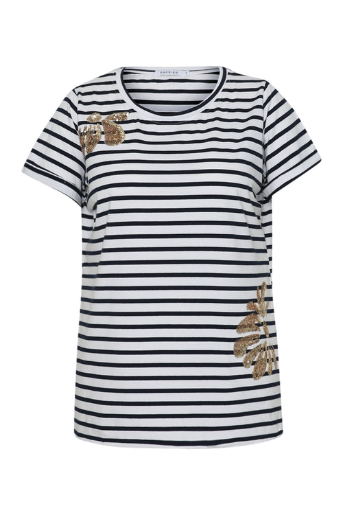 T-shirt marinière en coton avec fleurs en sequins-Paprika-8