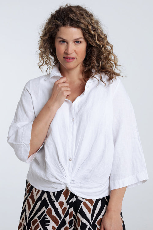 Chemise en lin unie avec noeud-Paprika-1