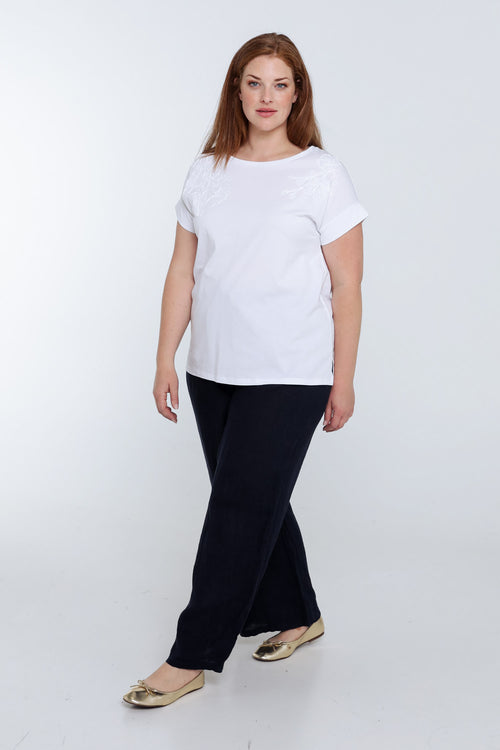 T-shirt en coton uni avec fleurs brodées-Paprika-8