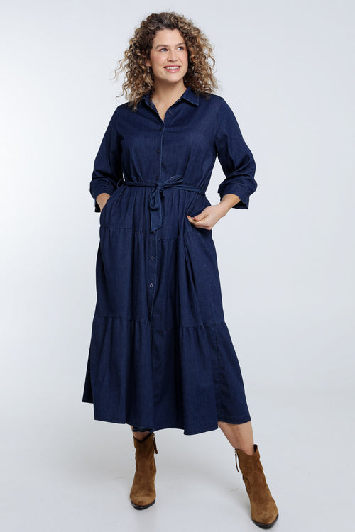Longue robe à volant en jeans-Paprika-9