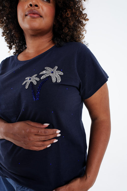 T-shirt en coton avec palmier en sequins-Paprika-6