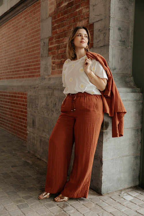 Pantalon large en viscose uni-Paprika-1