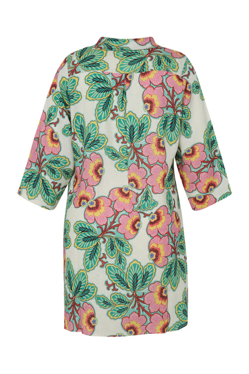 Chemise longue en lin et viscose imprimé fleuri-Paprika-11