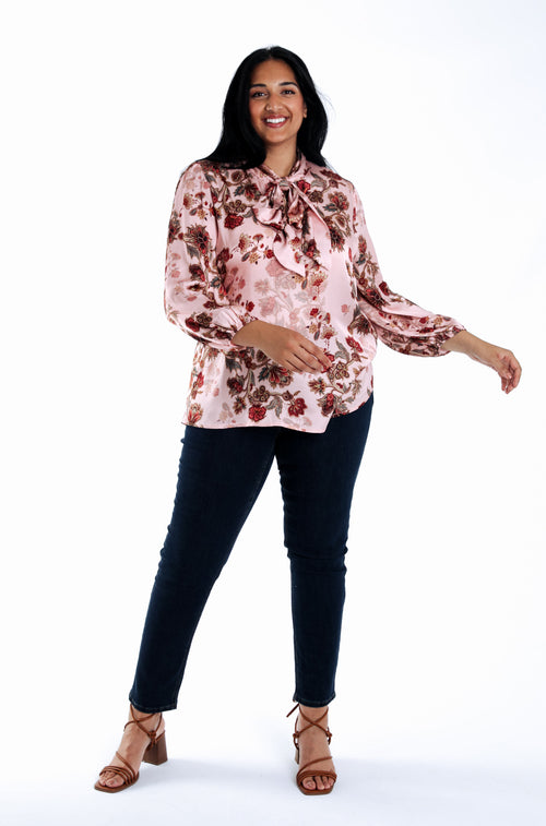 Chemise en viscose avec lavalière imprimé fleurs-Paprika-5
