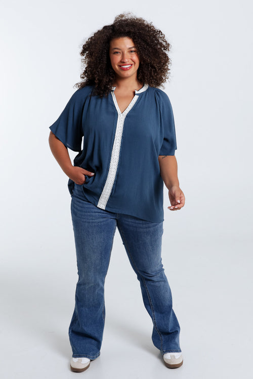Blouse en viscose unie et macramé-Paprika-7