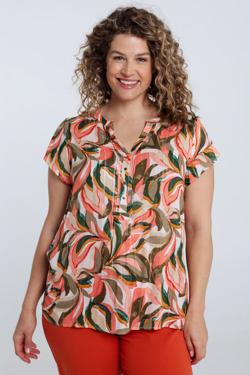 Blouse en viscose imprimé feuillage-Paprika-1