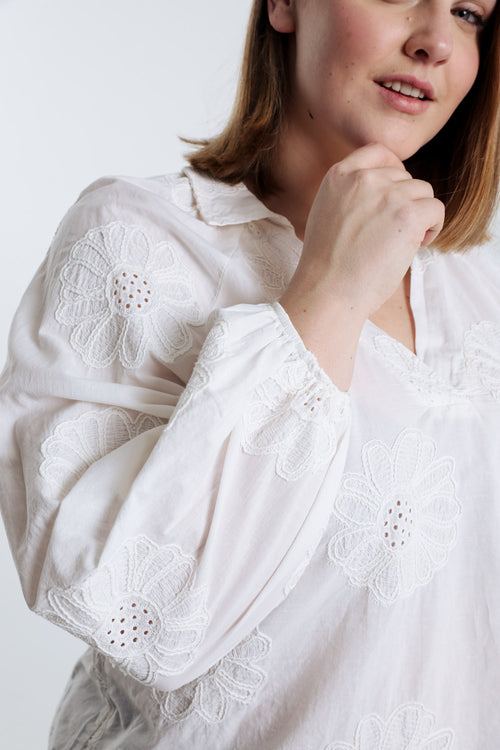 Blouse en coton unie avec fleurs brodées-Paprika-5
