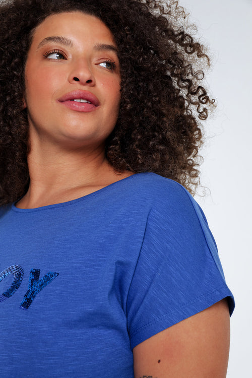 T-shirt uni avec broderie Enjoy et sequins-Paprika-6