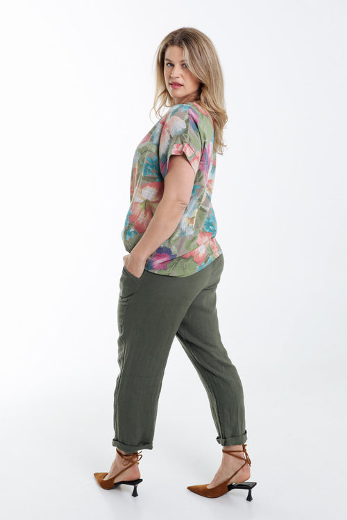 Pantalon 7/8 en lin uni-Paprika-2