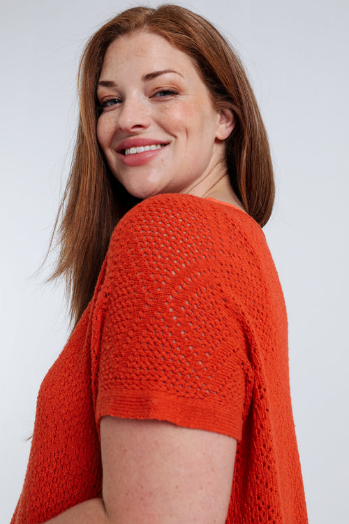 Pull boîte uni en coton ajouré-Paprika-3