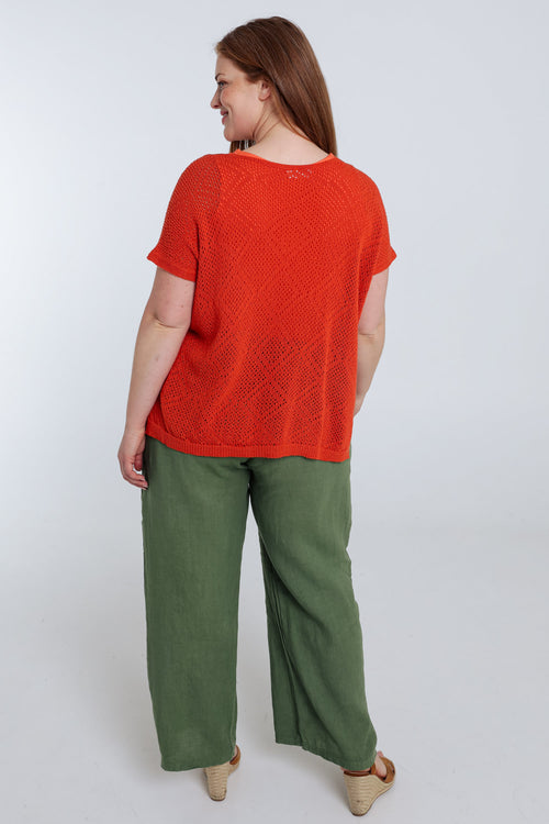 Pull boîte uni en coton ajouré-Paprika-2