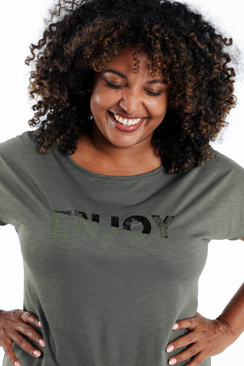 T-shirt en coton uni Enjoy en sequins-Paprika-4